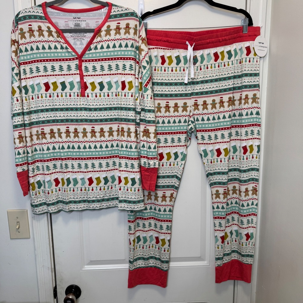 Little Sleepies Womens Pajama Set XXL Red Gingerbread Holiday Fair Isle Bamboo